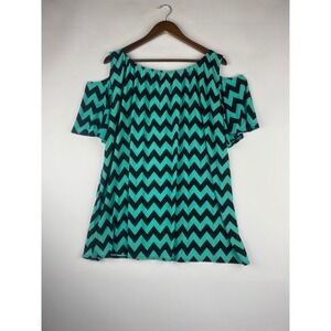 Star Vixen‎ Womens 2X Peasant Top Teal Black Retro Chevron Off-Shoulder Boho